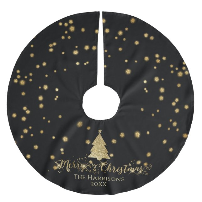 Black Gold Frohe Weihnachtsbaum-Glitzern Polyester Weihnachtsbaumdecke (Vorderseite)
