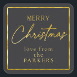 Black Gold Frory Christmas ID1009 Quadratischer Aufkleber<br><div class="desc">Wenn Sie sich fragen, welche Farbkombinationen Sie für Ihre Weihnachtsdekoration und Geschenkartikel in diesem Jahr auswählen sollten, habe ich Sammlungen von aufeinander abgestimmten Mustern erstellt, um das Leben ein wenig leichter zu machen. Dieser 'Frohe Weihnachten' Aufkleber enthält einen matten schwarzen Hintergrund und einen goldenen Text mit einer Vorlage, um Ihren...</div>