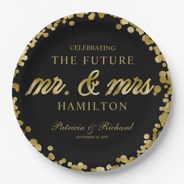 Black Gold Future Mr. und Mrs. Engagement Party Pappteller (Vorderseite)