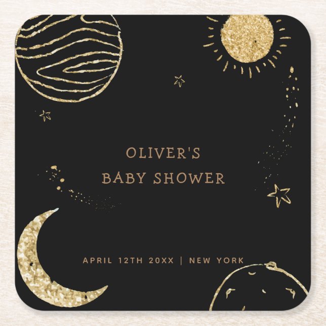 Black Gold Galaxy Moon Star Boy Baby Dusche Rechteckiger Pappuntersetzer (Vorderseite)