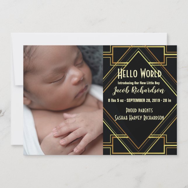 Black Gold Gatsby Baby Boy Geburtsankündigung Ankündigung (Vorderseite)