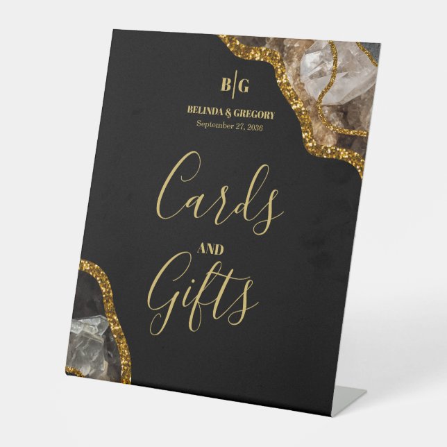 Black & Gold Geode Glitzer Hochzeitskarten & Gesch Sockelschild (Vorderseite)