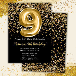 Black Gold Girl 9th Birthday Party Invitation