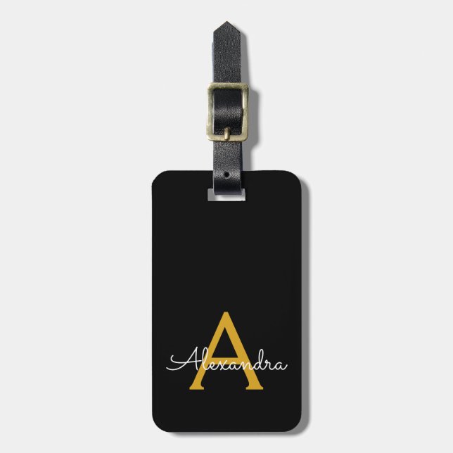 Black Gold Girl Script Monogram Name Modern Gepäckanhänger (Vorderseite vertikal)