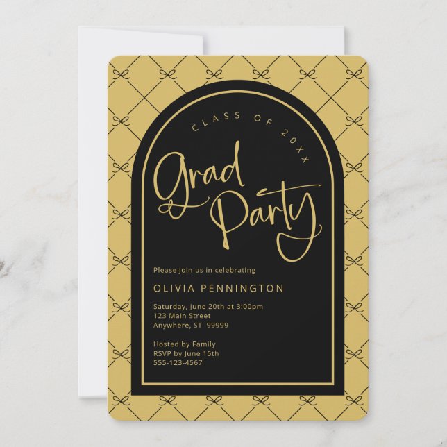 Black Gold Girly Bows Pattern Graduation Party Einladung (Vorderseite)