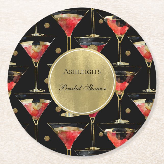 Black Gold Glam Drinks Brautparty Runder Pappuntersetzer (Vorderseite)