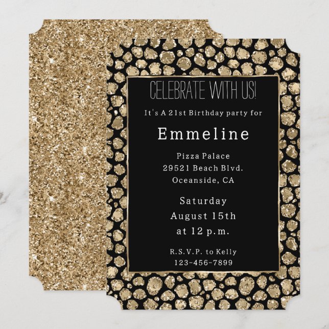 Black Gold Glam Glitzer Leopard Einladung (Vorne/Hinten)