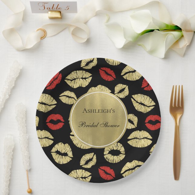 Black Gold Glam Lips Brautparty Pappteller (Hochzeit)