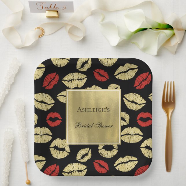 Black Gold Glam Lips Brautparty Pappteller (Hochzeit)