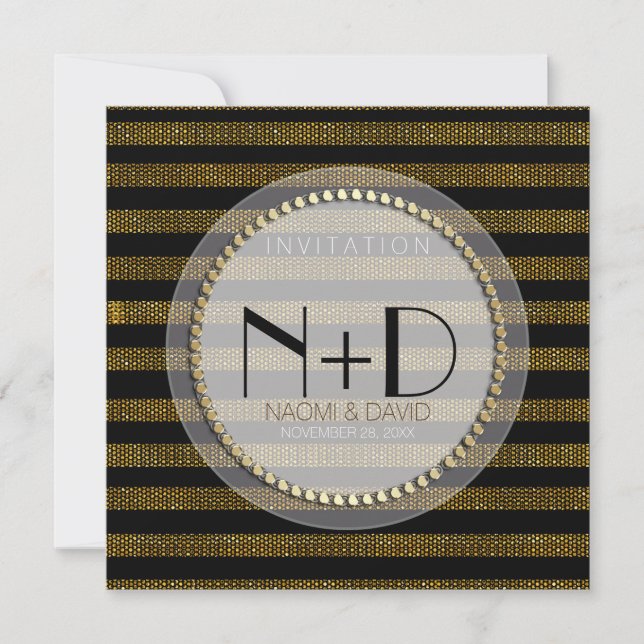 Black Gold Glam Streifen Hochzeitsempfang laden Einladung (Vorderseite)