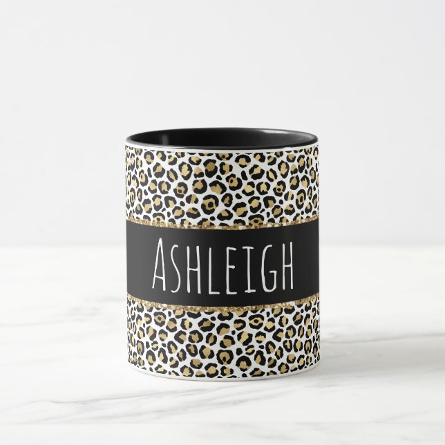 Black Gold Glaopard Leopard Print Personalisiert Tasse (Zentrum)