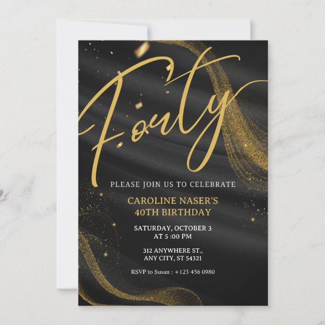 Black & Gold Glitter 40th Birthday Invitation   (Devant)