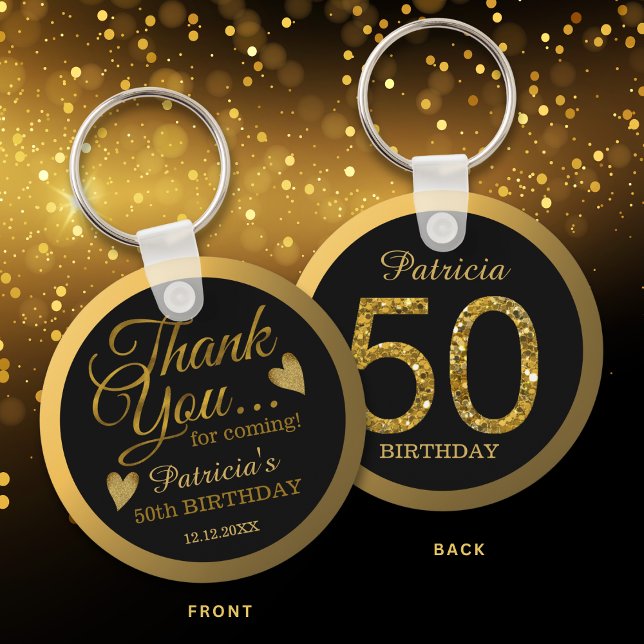Black & Gold Glitter 50th Birthday Party Thank You Schlüsselanhänger (Von Creator hochgeladen)