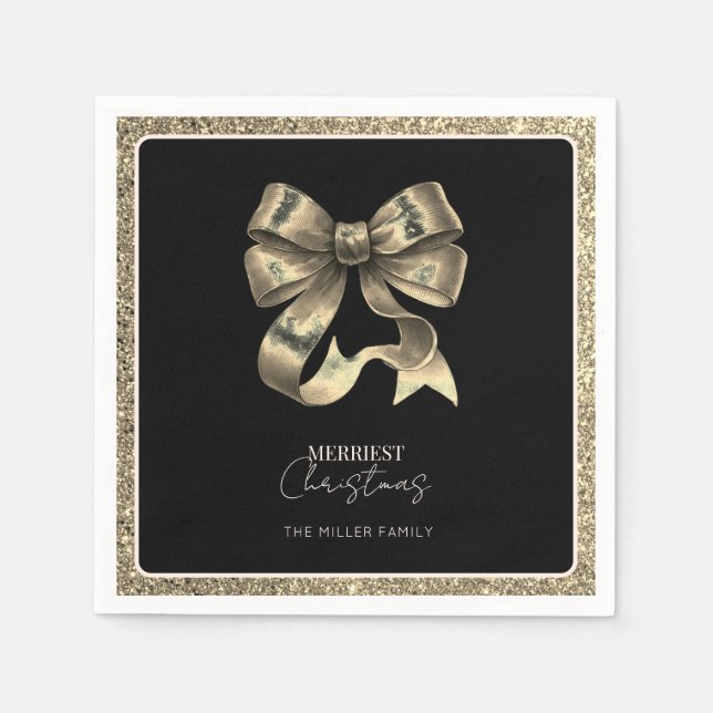 Black Gold Glitter Bow Weihnachtspapier Napkin Serviette (Vorderseite)
