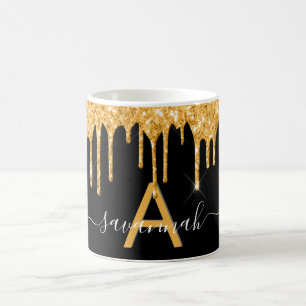 Black gold glitter drips monogram name script kaffeetasse
