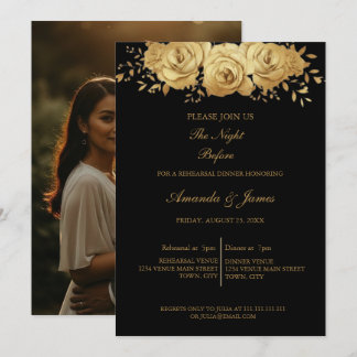 Black Gold Glitter Floral Photo Rehearsal Dinner  Einladung