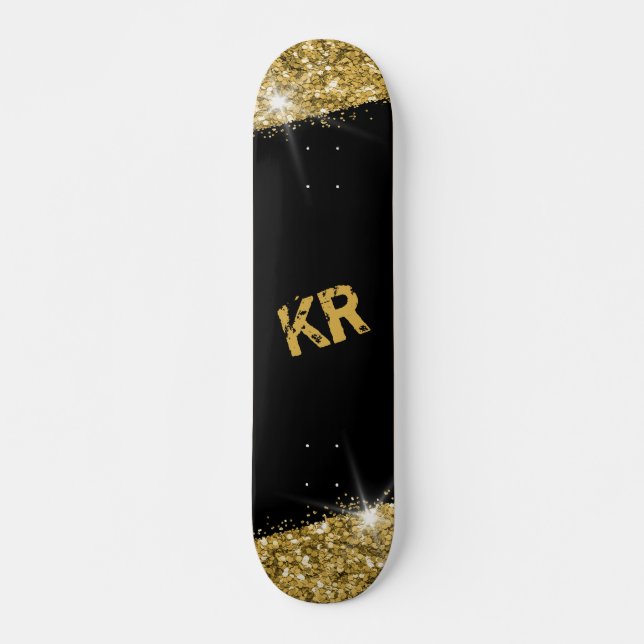 Black Gold Glitter Girly Monogram Skateboard (Vorne)