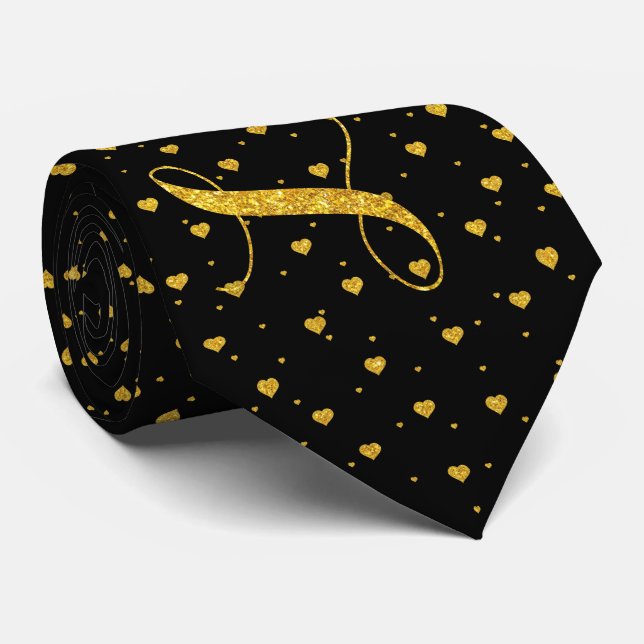 Black & Gold Glitter Hearts & Love Pattern Krawatte (Gerollt)