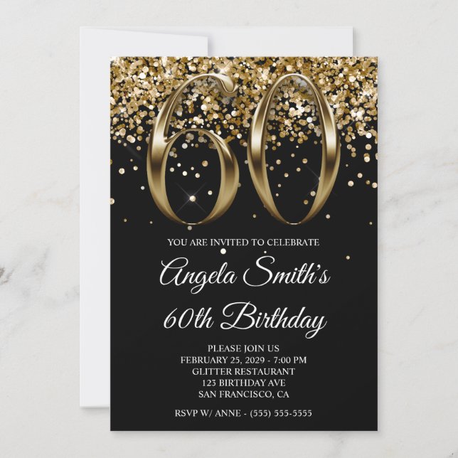 Black Gold Glitter Metallic Look 60th Birthday Einladung (Vorderseite)