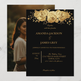 Black Gold Glitter Photo Back Glam Wedding  Einladung