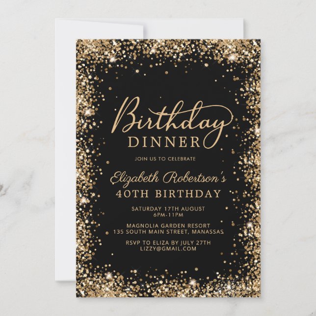 Black Gold Glitter Script 40th Birthday Dinner Einladung (Vorderseite)