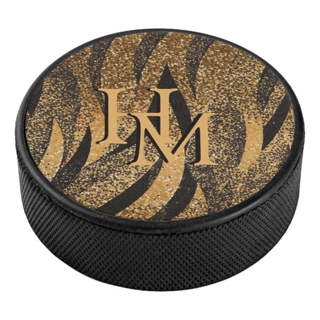Black Gold Glitter Tiger Pattern Initials Eishockey Puck (3/4)