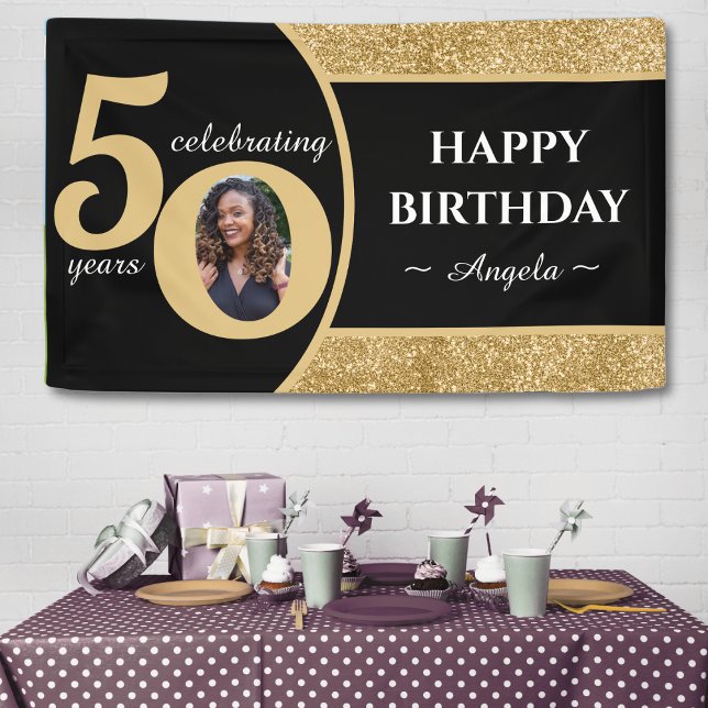 Black & Gold Glitzer 50 Fünfzig Jahre 50. Geburtst Banner (black & gold glitter 50th birthday party banner with photo)