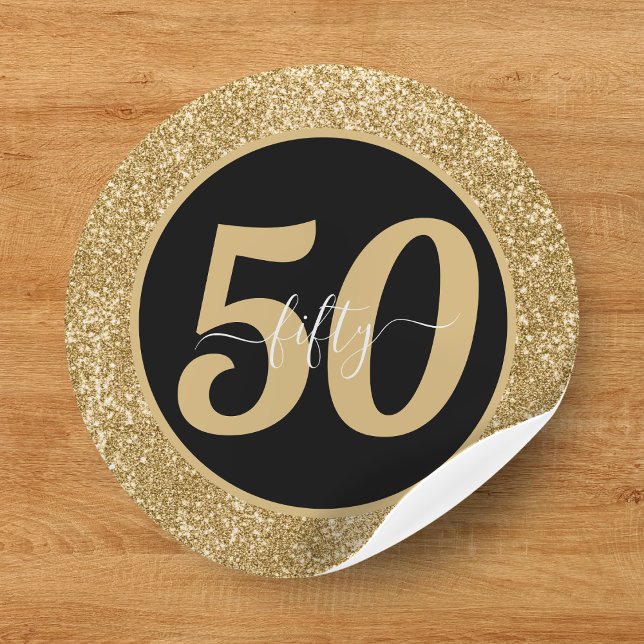 Black & Gold Glitzer 50 Fünfzig Jahre 50. Geburtst Runder Aufkleber (Black & Gold Glitter 50 Fifty Years 50th Birthday Classic Round Sticker
)