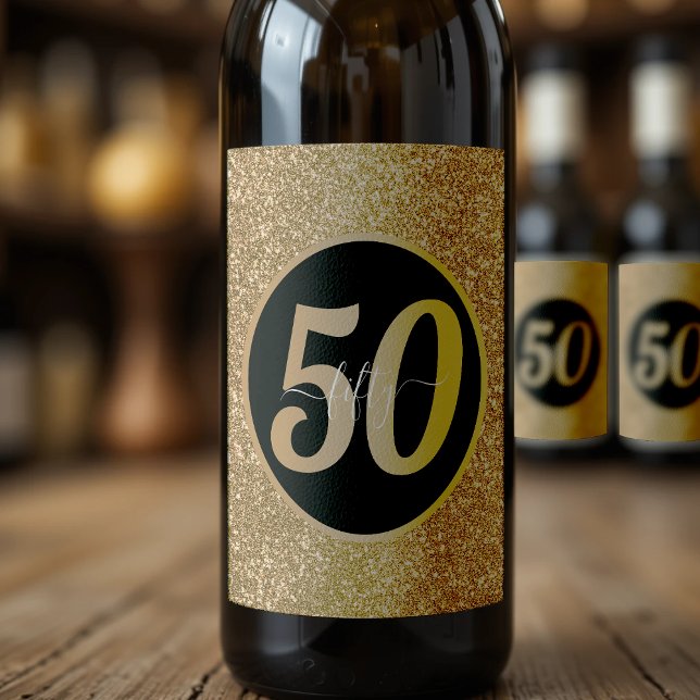 Black & Gold Glitzer 50 Fünfzig Jahre 50. Geburtst Weinetikett (Black & Gold Glitter 50 Fifty Years 50th Birthday Wine Label
)