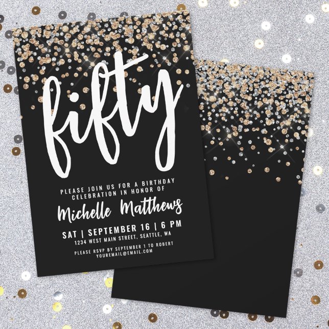 Black Gold Glitzer 50. Geburtstag Einladung (Black Gold Glitter 50th Birthday Invitation )