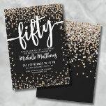 Black Gold Glitzer 50. Geburtstag Einladung<br><div class="desc">Die elegante und feierliche 50. Geburtstagsfeier lädt zum Verweilen ein. Das elegante Design besticht durch eine Mischung aus Glitzer- und Goldkonfetti und eine Touch an Unterhaltung und Festlichkeit. Oben wird "Fifty" in kühlem Kalligraphie vorgestellt, was den Ton für eine unvergessliche Feier absteckt. Der Text verbindet Skripte mit modernen, ganz weißen...</div>