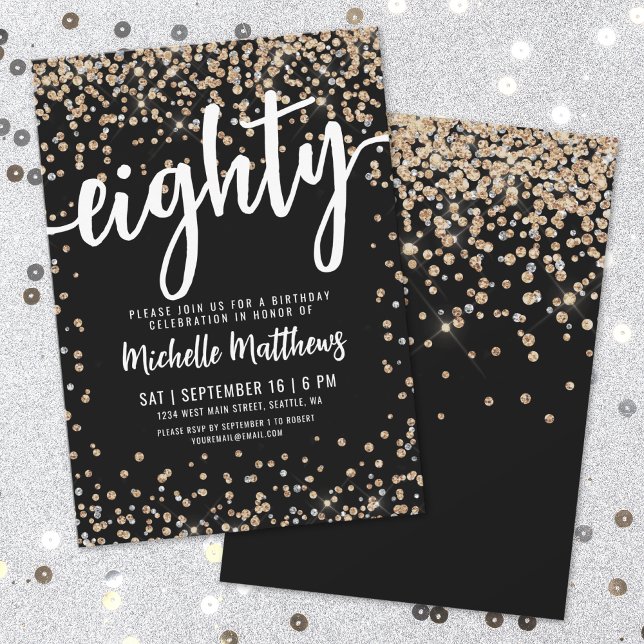 Black Gold Glitzer 80. Geburtstag Einladung (Black Gold Glitter 80th Birthday Invitation)