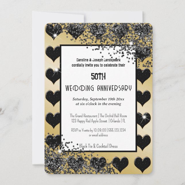 Black Gold Glitzer Ace of Hearts Einladung (Vorderseite)