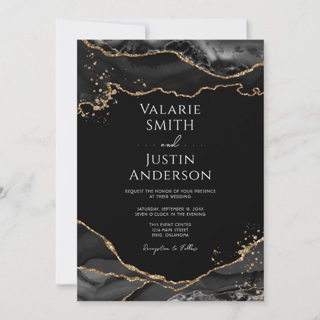 Black Gold Glitzer Agate Hochzeitseinladung Einladung (Vorderseite)