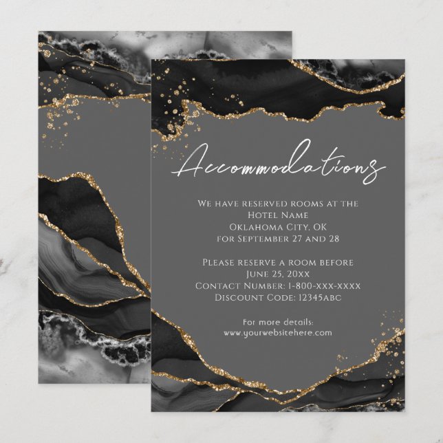 Black Gold Glitzer Agate Hochzeitsunterkünfte Begleitkarte (Vorne/Hinten)