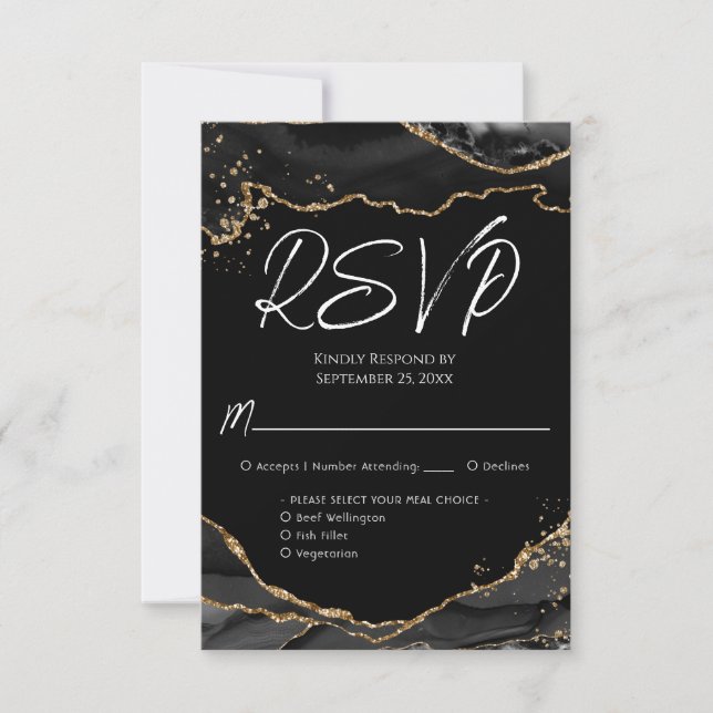 Black Gold Glitzer Agate Stone Wedding RSVP Card (Vorderseite)