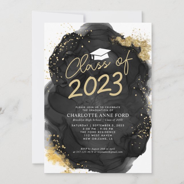 Black Gold Glitzer Alcohol Ink Graduation Party Einladung (Vorderseite)