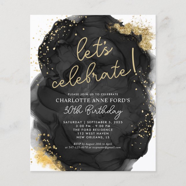 Black Gold Glitzer Alkohol Tinte Geburtstag (Vorderseite)