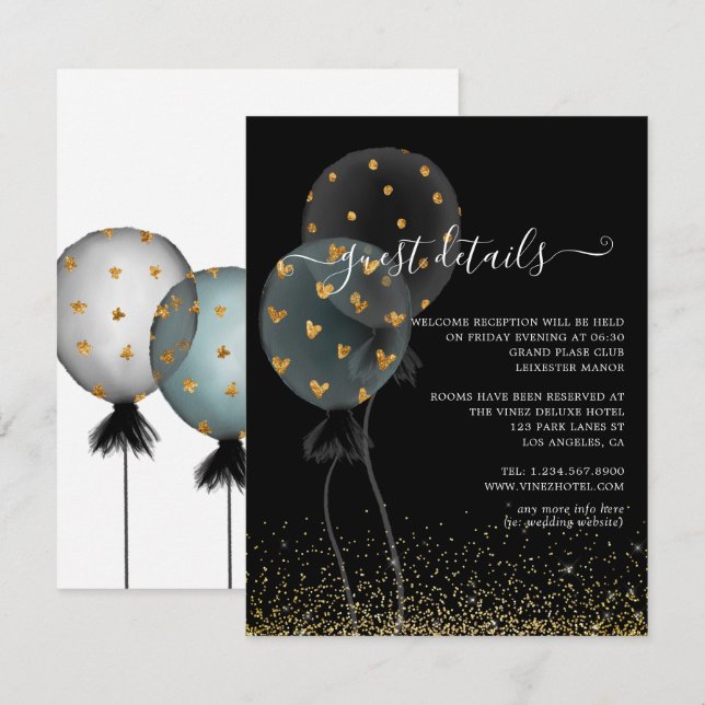 Black & Gold Glitzer Balloon - Hochzeitsgast Detai Begleitkarte (Vorne/Hinten)