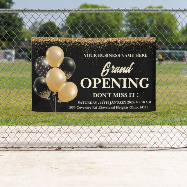 Black & Gold Glitzer Balloons Grand Opening Banner (Insitu)