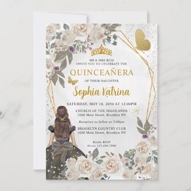 Black Gold Glitzer Bloral Princess Quinceañera Einladung (Vorderseite)