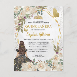 Black Gold Glitzer Bloral Princess Quinceañera Einladungspostkarte