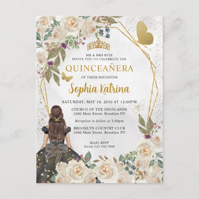 Black Gold Glitzer Bloral Princess Quinceañera Einladungspostkarte (Vorderseite)