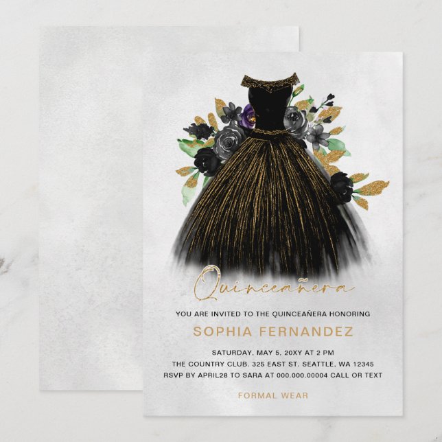 Black Gold Glitzer Blumenkleid Quinceañera Einladung (Vorne/Hinten)