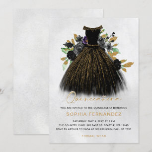 Black Gold Glitzer Blumenkleid Quinceañera Einladung