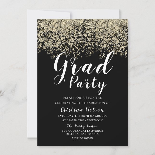 Black Gold Glitzer Boy Girl Abschluss Grad Party Einladung (Vorderseite)
