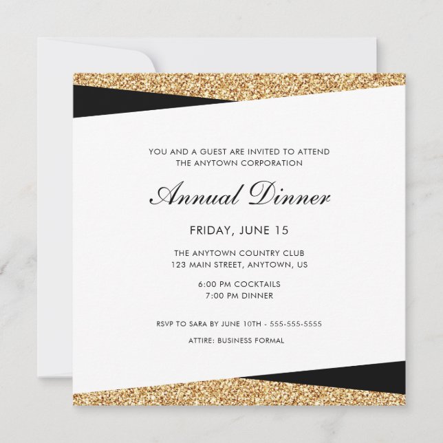 Black & Gold Glitzer Business Berufliches Abendess Einladung (Vorderseite)