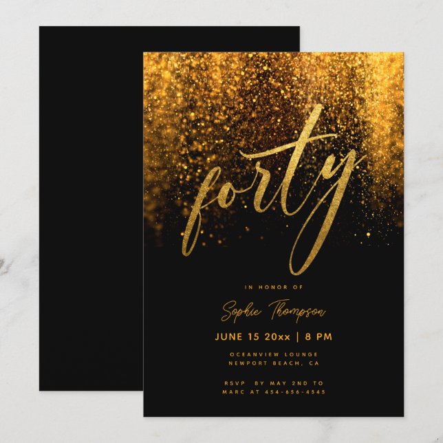 Black Gold Glitzer Calligraphy Elegant 40 Geburtst Einladung (Vorne/Hinten)