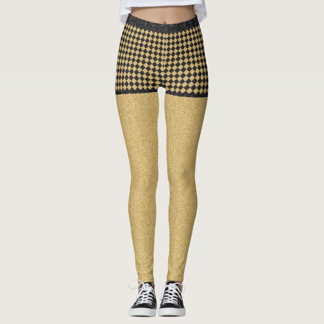 Black Gold Glitzer Checkered Girly Trendy Pattern Leggings (Vorderseite)