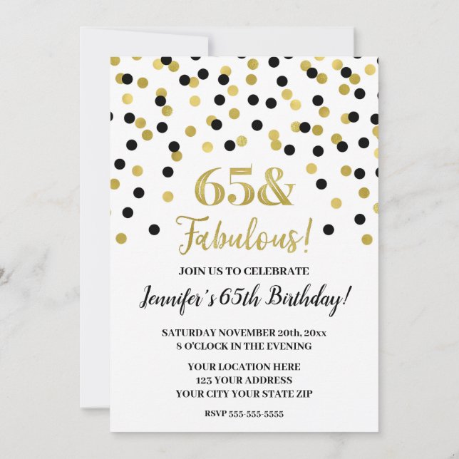 Black Gold Glitzer Confetti 65 und fabelhaft Einladung (Rückseite)
